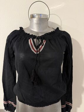 Miley Cyrus & Max Azria Black Peasant Top with Red & White Embroidery